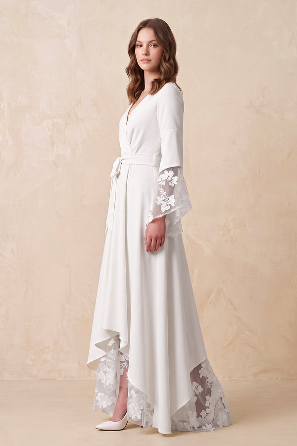 Long Sleeves V Neck Lace Wedding Dress in White - KISS BRIDAL Wedding Dresses