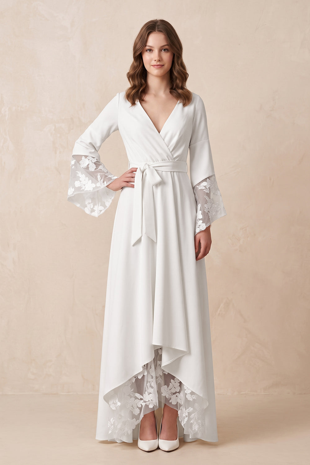 Long Sleeves V Neck Lace Wedding Dress in White
