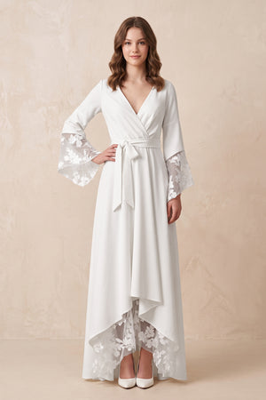Long Sleeves V Neck Lace Wedding Dress in White - KISS BRIDAL Wedding Dresses
