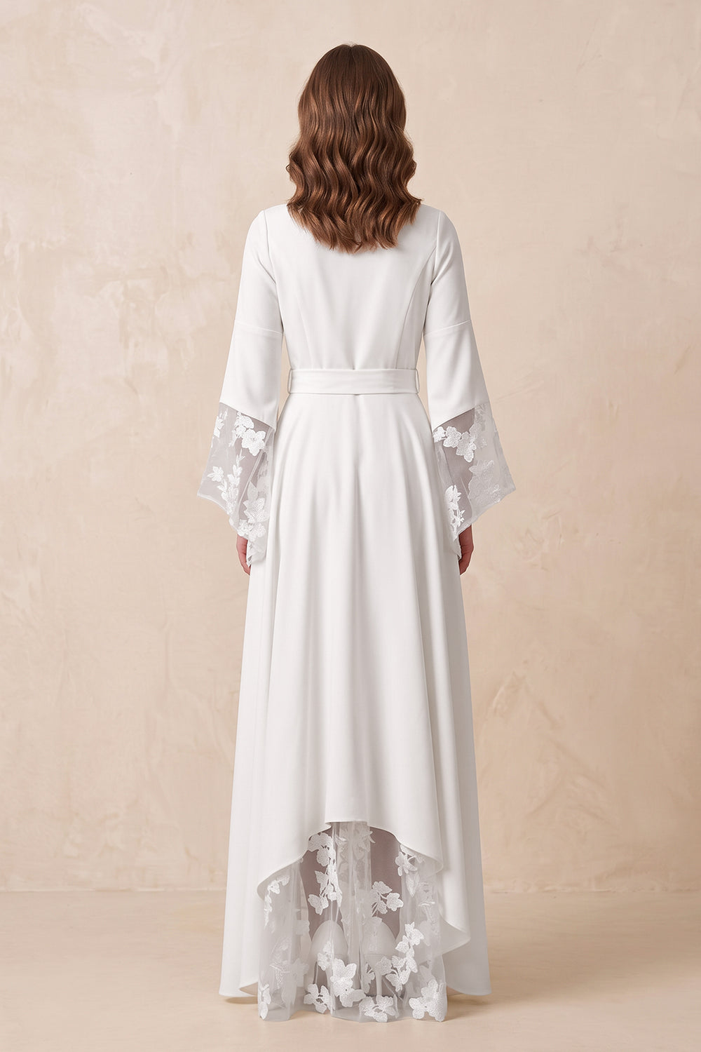 Long Sleeves V Neck Lace Wedding Dress in White