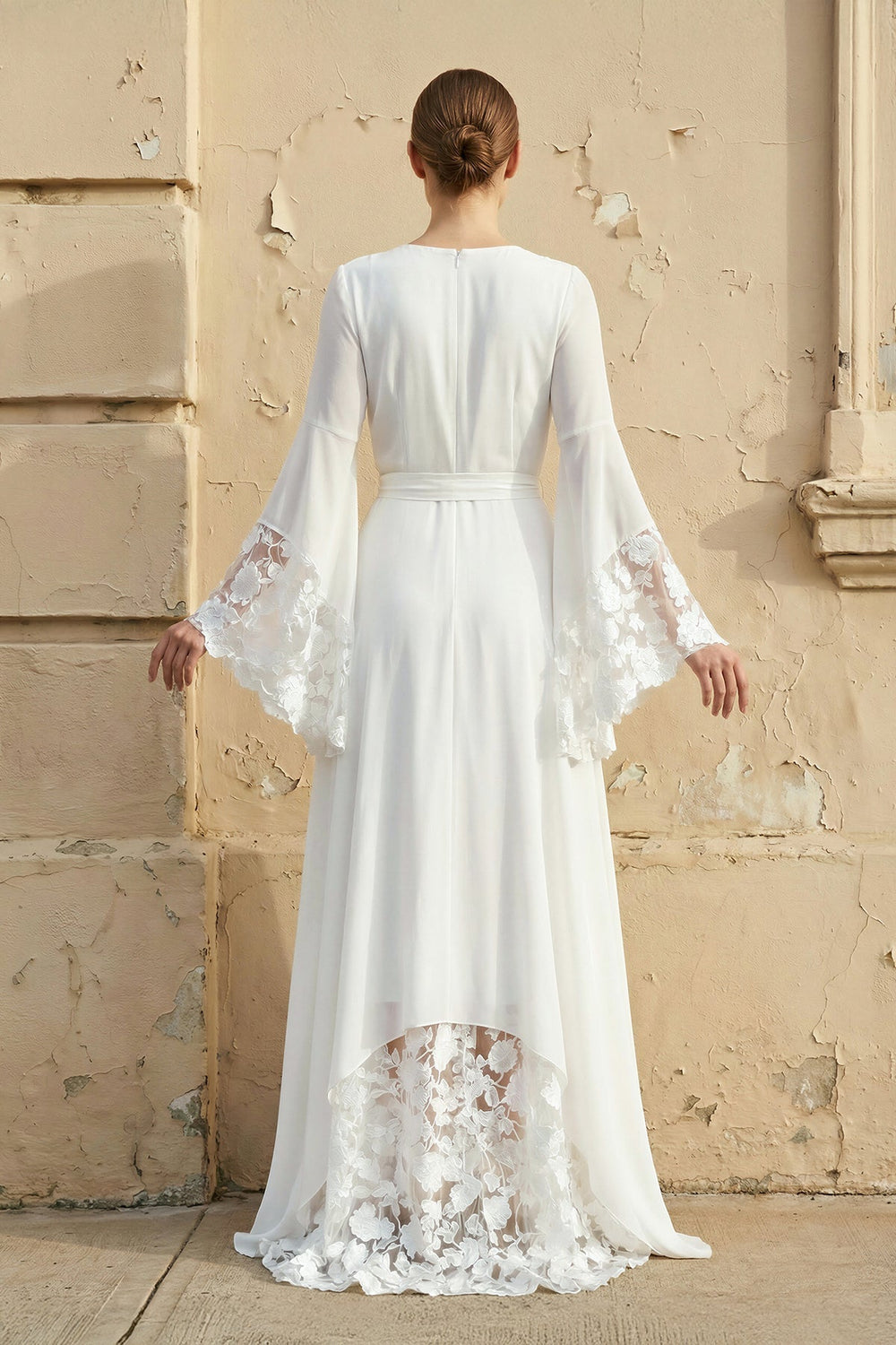 Long Sleeves V Neck Lace Wedding Dress in White - SHE IS ME Wedding Dresses