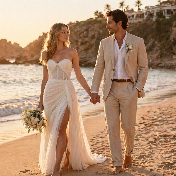 Couple holding hands on a beach at sunset