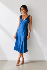 V-Neck Satin A-Line Midi Wedding Guest Dress in Steel Blue - KISSBRIDAL