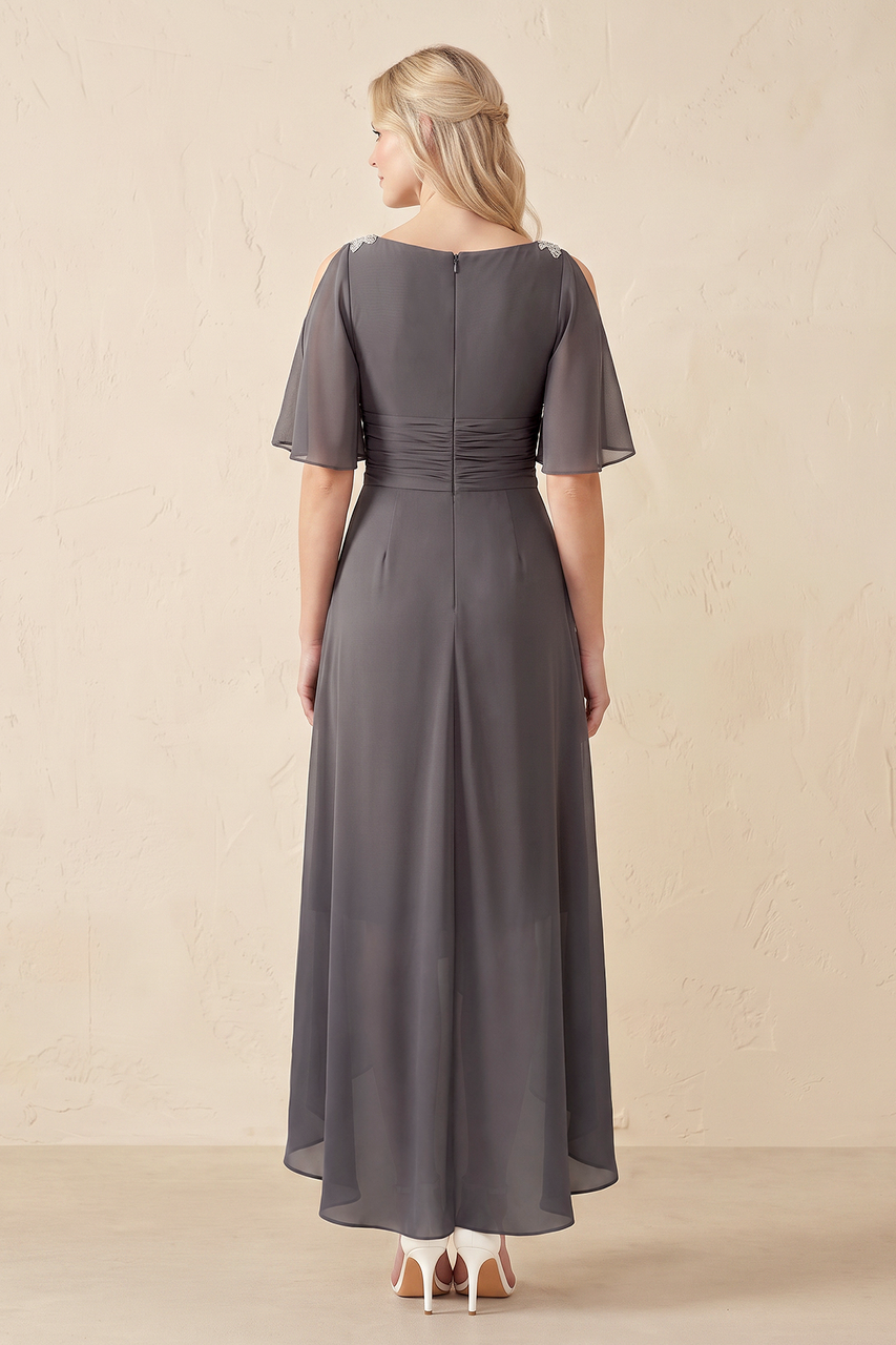Magnetite A-Line V-Neck Chiffon Mother of the Bride Dress With Sleeves