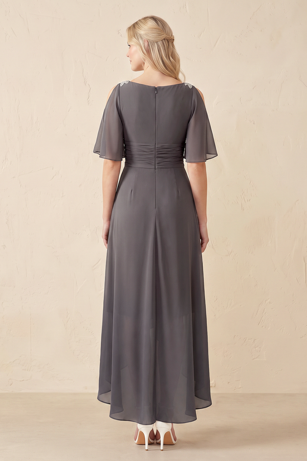 Magnetite A-Line V-Neck Chiffon Mother of the Bride Dress With Sleeves (2) | KISSBRIDAL