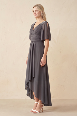Magnetite A-Line V-Neck Chiffon Mother of the Bride Dress With Sleeves (3) | KISSBRIDAL