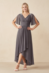 Magnetite A-Line V-Neck Chiffon Mother of the Bride Dress With Sleeves | KISSBRIDAL