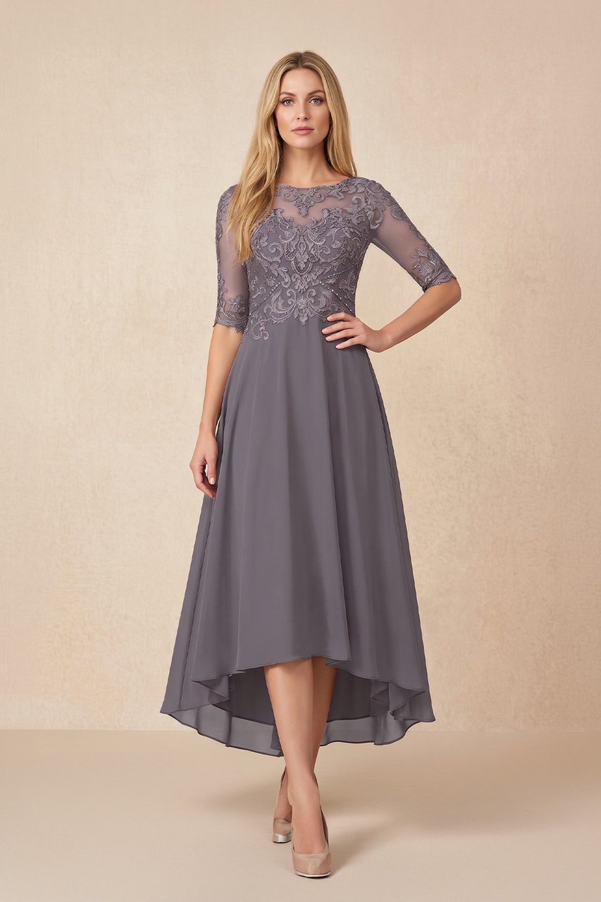 Magnetite Embroidered A-Line Chiffon Midi Mother of the Bride Dress with Sleeves