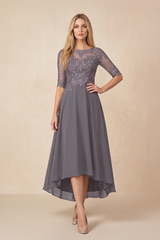 Magnetite Embroidered A-Line Chiffon Midi Mother of the Bride Dress with Sleeves (2) | KISSBRIDAL