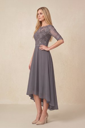 Magnetite Embroidered A-Line Chiffon Midi Mother of the Bride Dress with Sleeves (3) | KISSBRIDAL