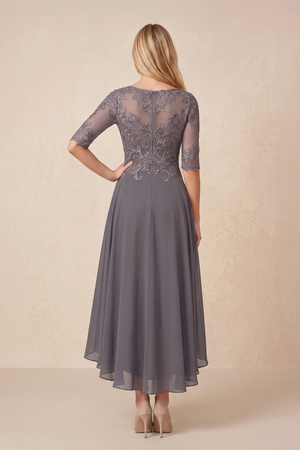Magnetite Embroidered A-Line Chiffon Midi Mother of the Bride Dress with Sleeves | KISSBRIDAL