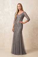 Magnetite Half Sleeves Appliqued V-Neck Mermaid Tulle Mother of the Bride Dress (2) | KISSBRIDAL