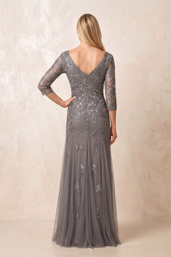 Magnetite Half Sleeves Appliqued V-Neck Mermaid Tulle Mother of the Bride Dress (3) | KISSBRIDAL