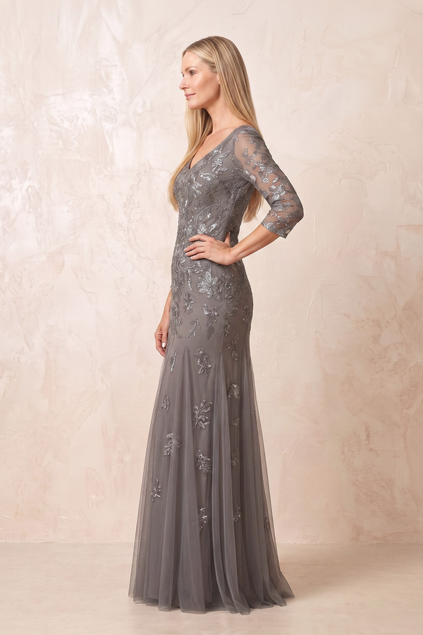 Magnetite Half Sleeves Appliqued V-Neck Mermaid Tulle Mother of the Bride Dress | KISSBRIDAL