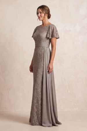 Magnetite Lace Sheath Short Sleeves Round Neck Mother of the Bride Dress with Ribbon (2) | KISSBRIDAL