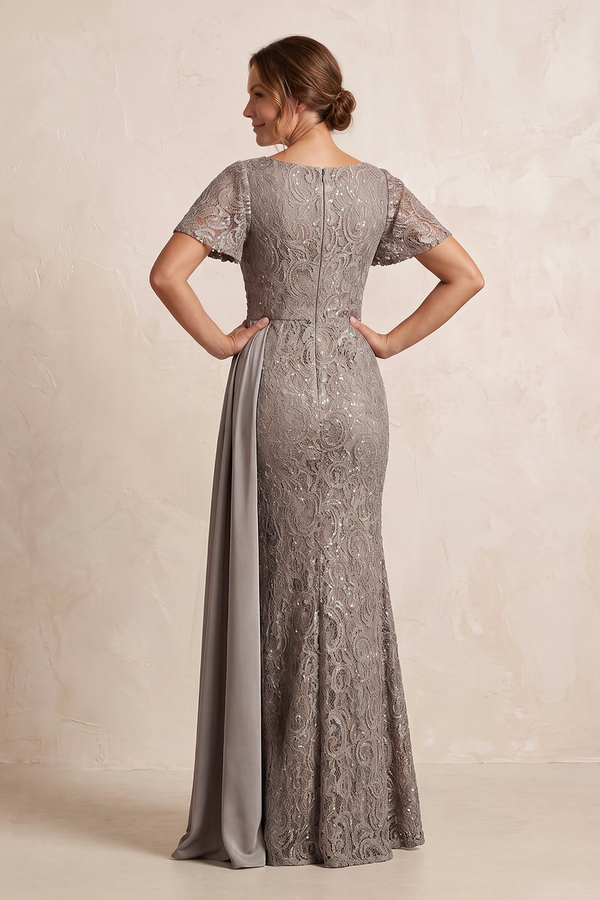 Magnetite Lace Sheath Short Sleeves Round Neck Mother of the Bride Dress with Ribbon (3) | KISSBRIDAL