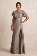 Magnetite Lace Sheath Short Sleeves Round Neck Mother of the Bride Dress with Ribbon | KISSBRIDAL