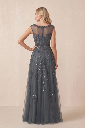 Magnetite Sparkly A-Line Illusion Neck Tulle Appliqued Mother of the Bride Dress (2) | KISSBRIDAL