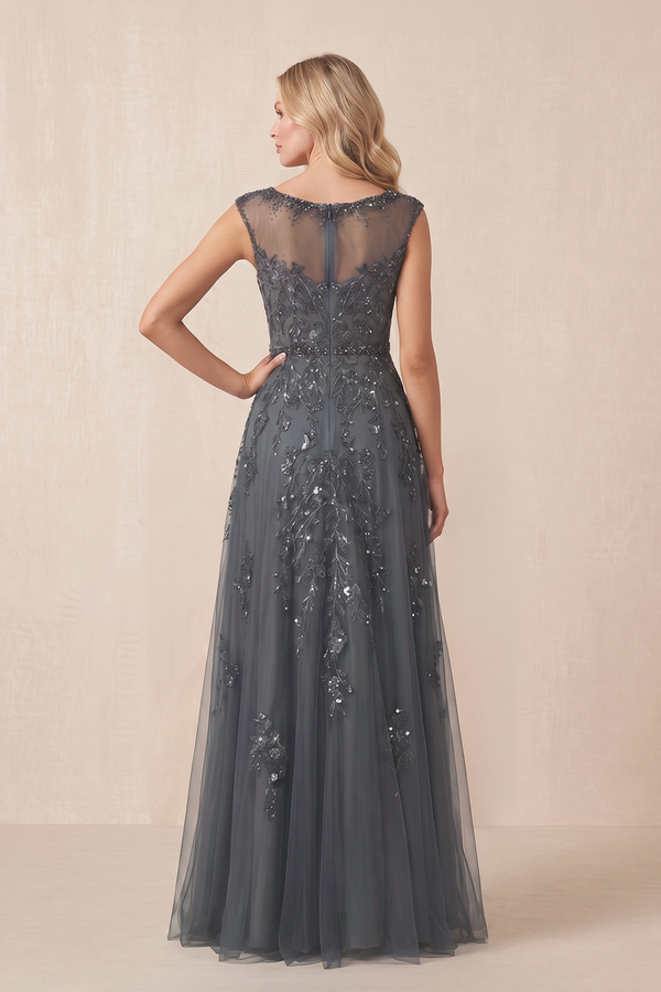 Magnetite Sparkly A-Line Illusion Neck Tulle Appliqued Mother of the Bride Dress (2) | KISSBRIDAL