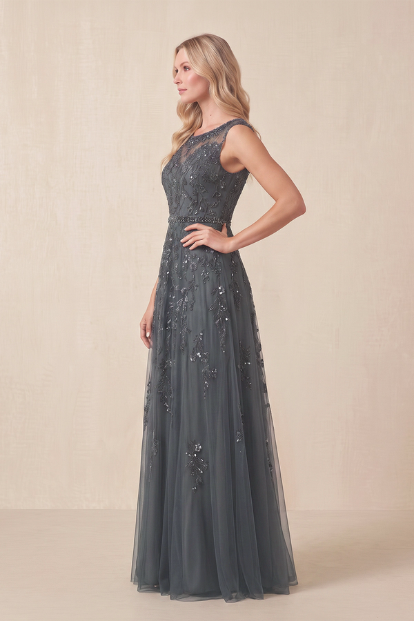 Magnetite Sparkly A-Line Illusion Neck Tulle Appliqued Mother of the Bride Dress (3) | KISSBRIDAL