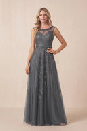 Magnetite Sparkly A-Line Illusion Neck Tulle Appliqued Mother of the Bride Dress | KISSBRIDAL