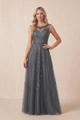 Magnetite Sparkly A-Line Illusion Neck Tulle Appliqued Mother of the Bride Dress | KISSBRIDAL