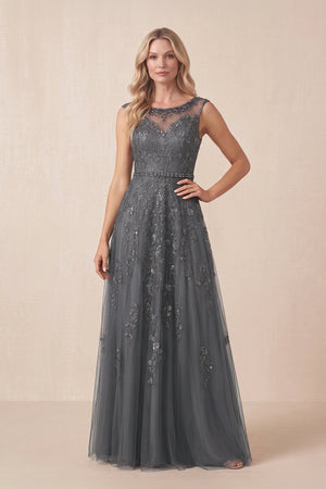 Magnetite Sparkly A-Line Illusion Neck Tulle Appliqued Mother of the Bride Dress | KISSBRIDAL