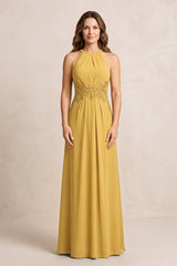 Marigold A-Line Chiffon Embroidered Halter Mother of the Bride Dress | KISSBRIDAL