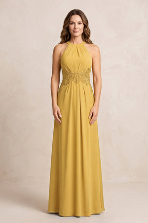 Marigold A-Line Chiffon Embroidered Halter Mother of the Bride Dress | KISSBRIDAL