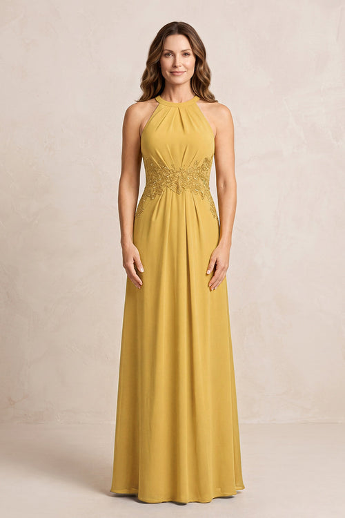 Marigold A-Line Chiffon Embroidered Halter Mother of the Bride Dress | KISSBRIDAL