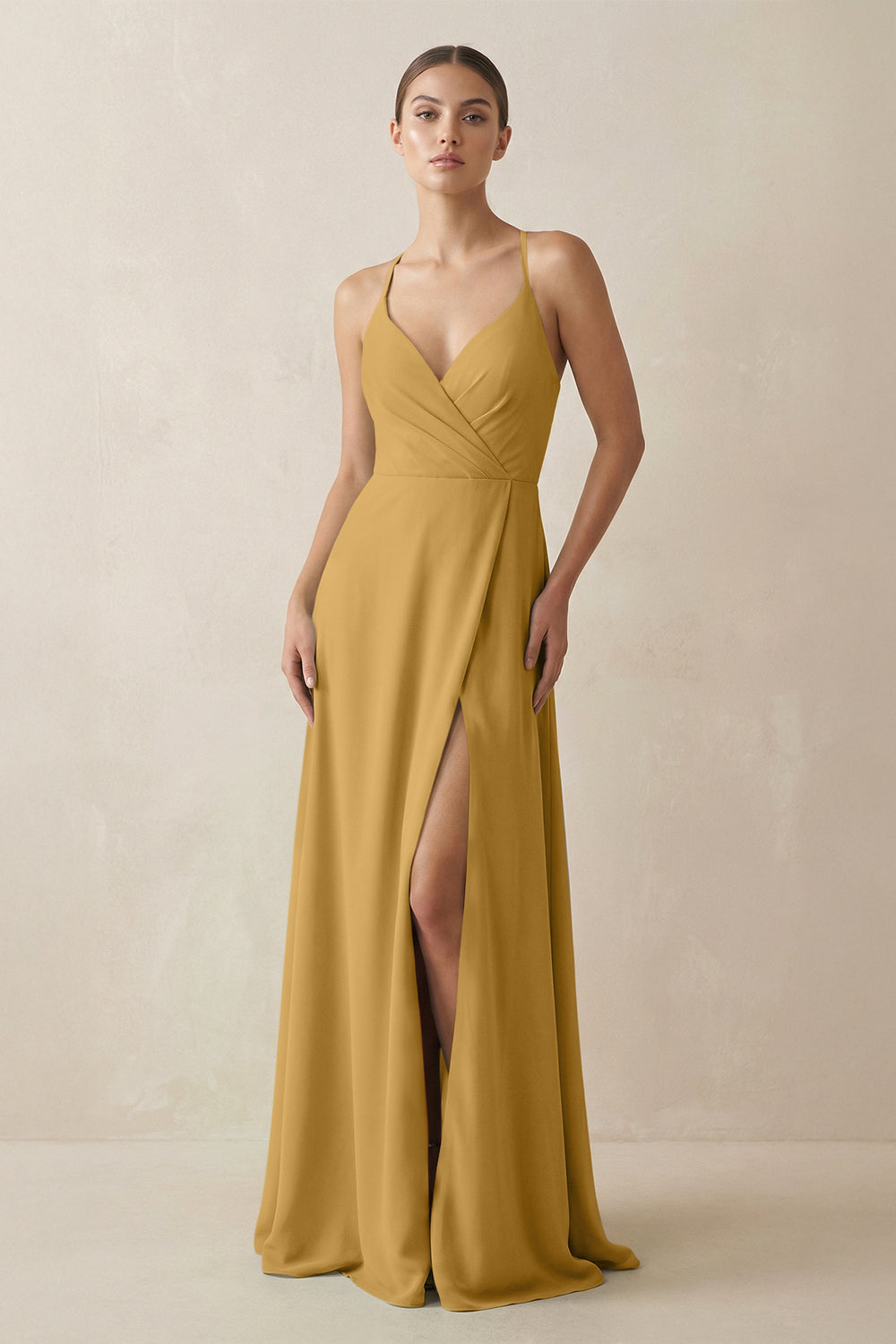 A-Line Chiffon Long Bridesmaid Dress With Slit in Marigold