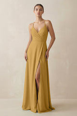 Marigold A-Line Chiffon Long Bridesmaid Dress With Slit | KISSBRIDAL
