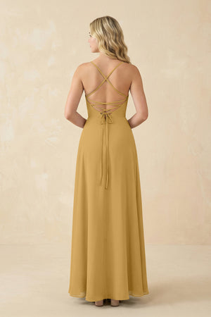 Marigold A-Line Chiffon Spaghetti Strap Bridesmaid Dress (2) | KISSBRIDAL