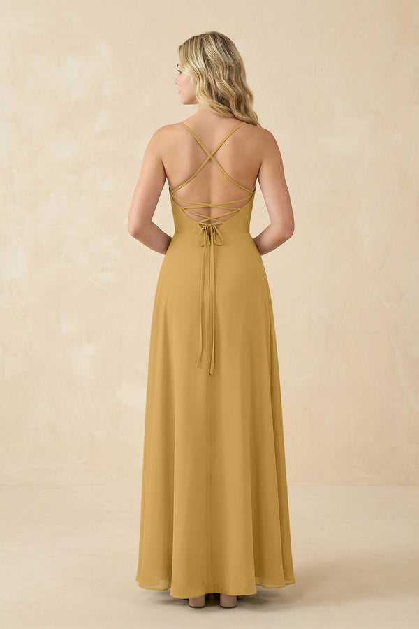 Marigold A-Line Chiffon Spaghetti Strap Bridesmaid Dress (2) | KISSBRIDAL