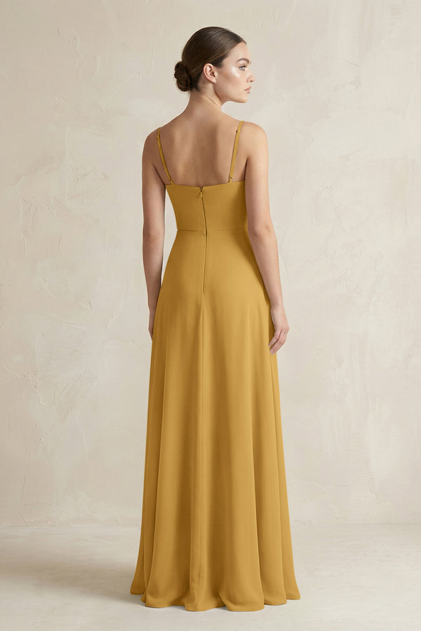 Marigold A-Line Chiffon Spaghetti Strap Bridesmaid Dress (2) | KISSBRIDAL