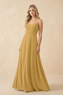 Marigold A-Line Chiffon Spaghetti Strap Bridesmaid Dress | KISSBRIDAL
