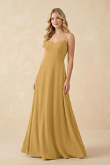 Marigold A-Line Chiffon Spaghetti Strap Bridesmaid Dress | KISSBRIDAL