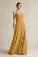 Marigold A-Line Chiffon Spaghetti Strap Bridesmaid Dress | KISSBRIDAL