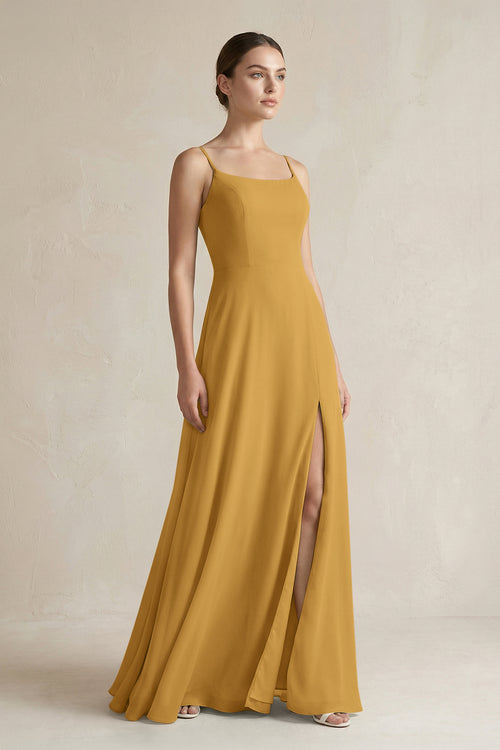 Marigold A-Line Chiffon Spaghetti Strap Bridesmaid Dress | KISSBRIDAL