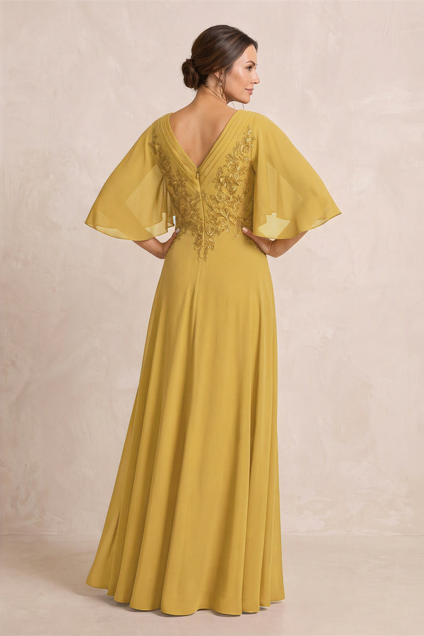 Marigold A-Line Embroidered Chiffon Mother of the Bride Dress With Sleeves (2) | KISSBRIDAL