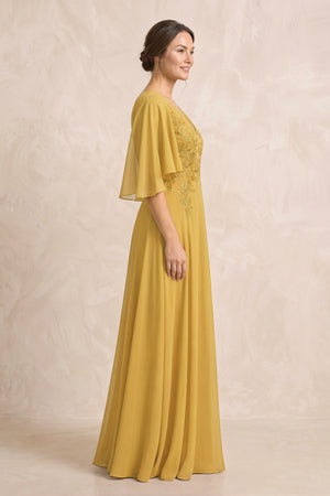 Marigold A-Line Embroidered Chiffon Mother of the Bride Dress With Sleeves (3) | KISSBRIDAL