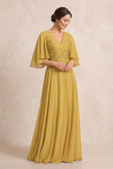Marigold A-Line Embroidered Chiffon Mother of the Bride Dress With Sleeves | KISSBRIDAL