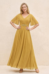 Marigold A-Line Flutter Sleeves Chiffon Mother of the Bride Dress | KISSBRIDAL