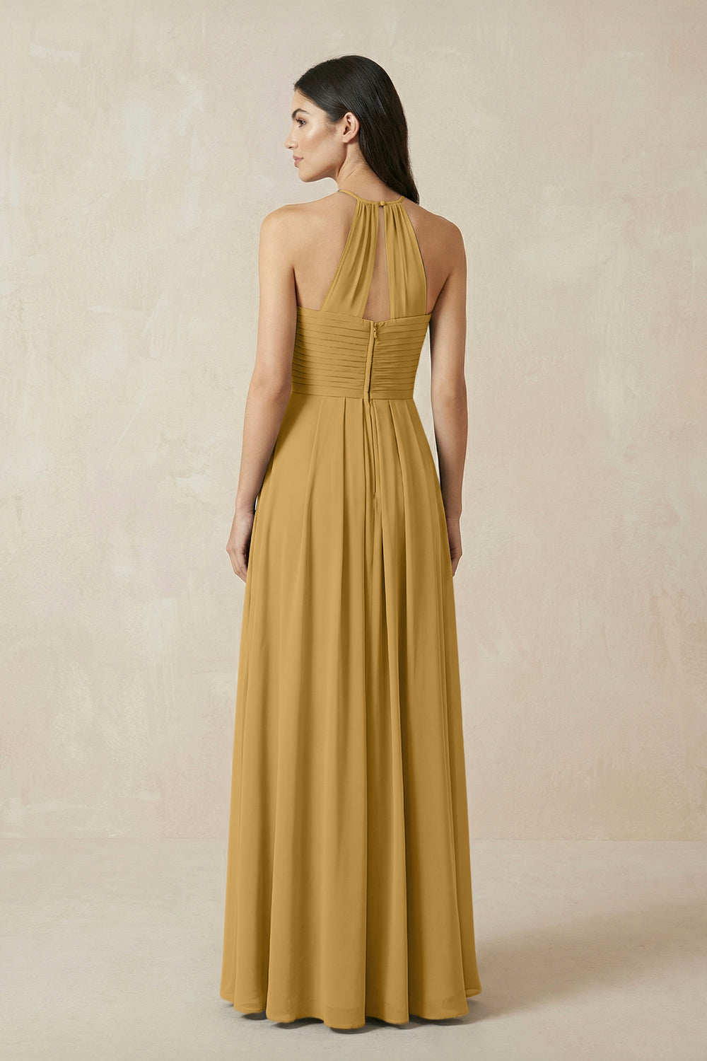 A-Line Halter Neck Pleated Chiffon Bridesmaid Dress in Marigold
