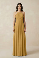 Marigold A-Line Halter Neck Pleated Chiffon Bridesmaid Dress | KISSBRIDAL