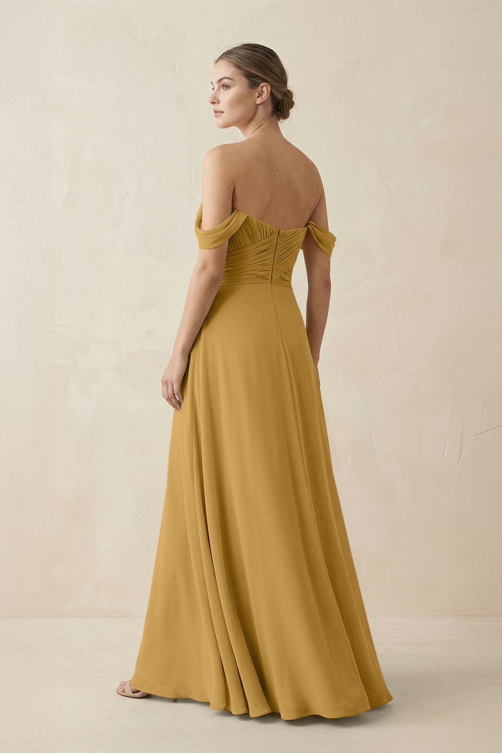 A-Line Off-the-Shoulder Chiffon Bridesmaid Dress in Marigold