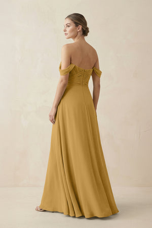 Marigold A-Line Off-the-Shoulder Chiffon Bridesmaid Dress (2) | KISSBRIDAL