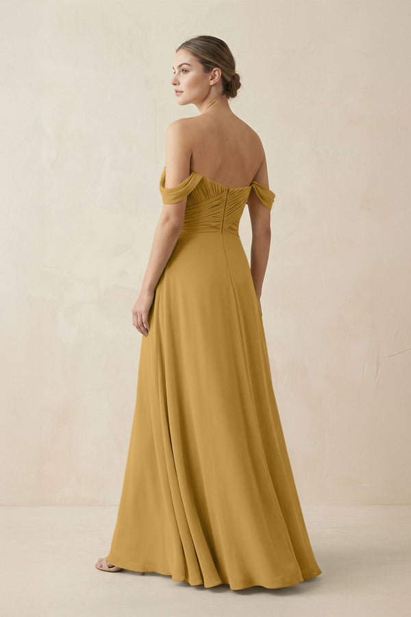 Marigold A-Line Off-the-Shoulder Chiffon Bridesmaid Dress (2) | KISSBRIDAL