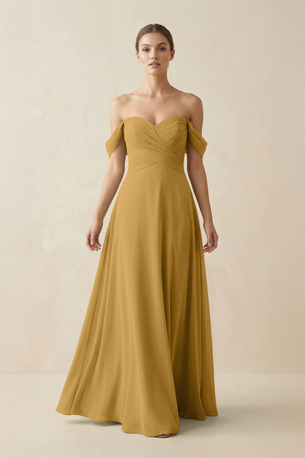 A-Line Off-the-Shoulder Chiffon Bridesmaid Dress in Marigold