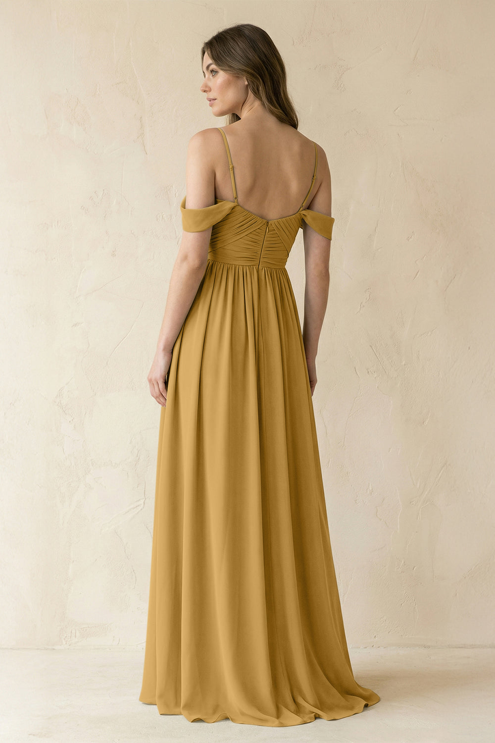 A-Line Off-the-Shoulder Pleated Chiffon Bridesmaid Dress in Marigold